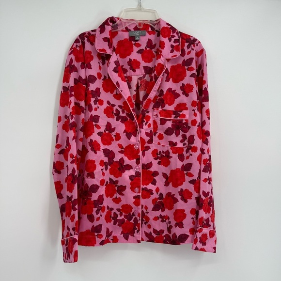 Loft Pajamas Red Pink 2 piece set Satin Woman’s Size Medium Floral collared - Picture 8 of 9
